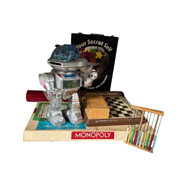 Vintage Robot Toy, Monopoly, Fidelity Chess Computer & Abacus