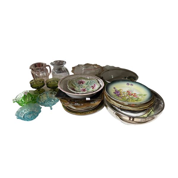 Assorted China & Colored Glass Tableware: Hand-Painted Plates, Depression Glass, Serving Dishes, Pit