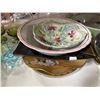 Image 2 : Assorted China & Colored Glass Tableware: Hand-Painted Plates, Depression Glass, Serving Dishes, Pit