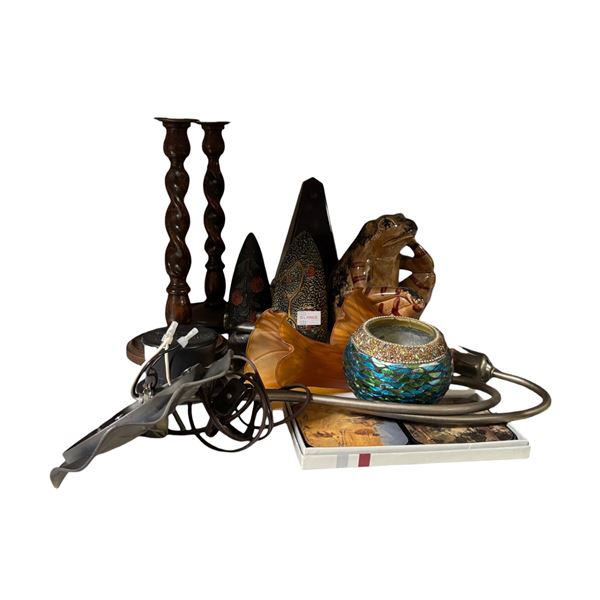Antique Iron Doorstop, Candlesticks, Art Glass Trumpet Shades & Frog Figurine
