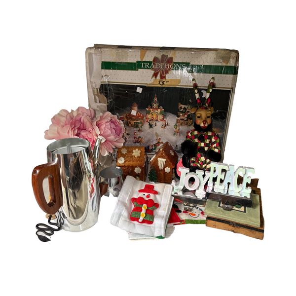 Christmas Decor: Reindeer Figure, Gingerbread Houses, Silver Pitchers & Ornaments
