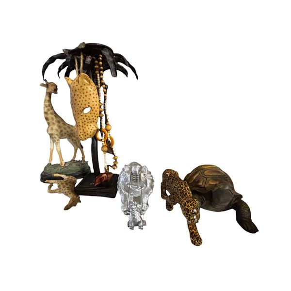 African-Themed Decor Group: Giraffes, Elephants, Leopard Mask & Beaded Jewelry