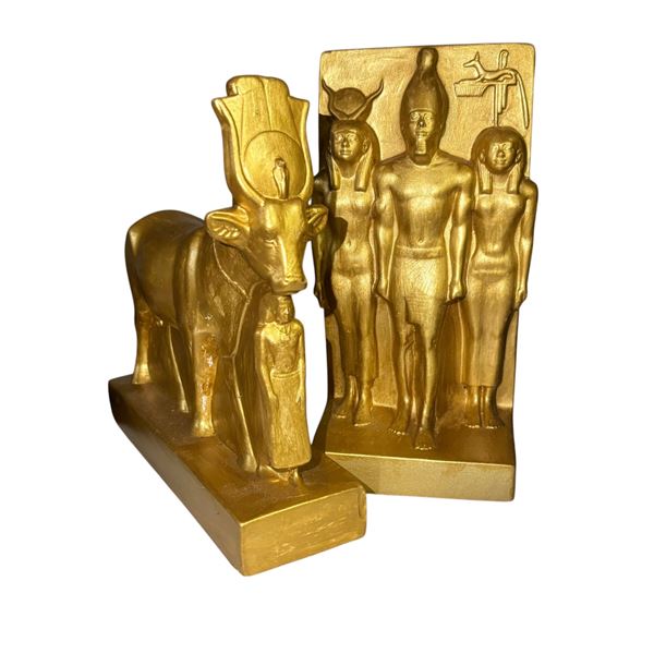 Egyptian Revival Gilt Bookends, Hathor & Royal Figures
