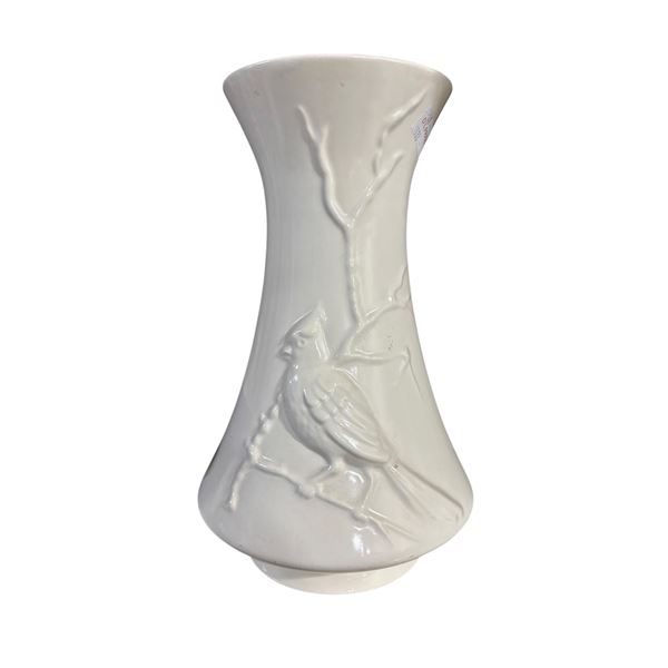 White Glazed Ceramic Vase with Bird