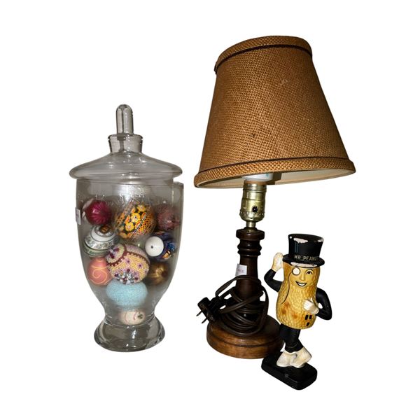 Glass Apothecary Jar with Ornaments, Wooden Lamp Base & Mr. Peanut Figurine