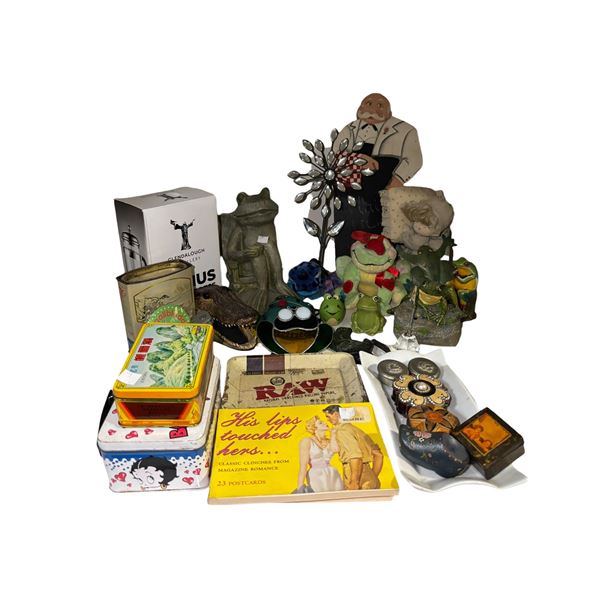 Mixed Lot of Frog Figurines, Collectible Tins & Vintage Novelty Items