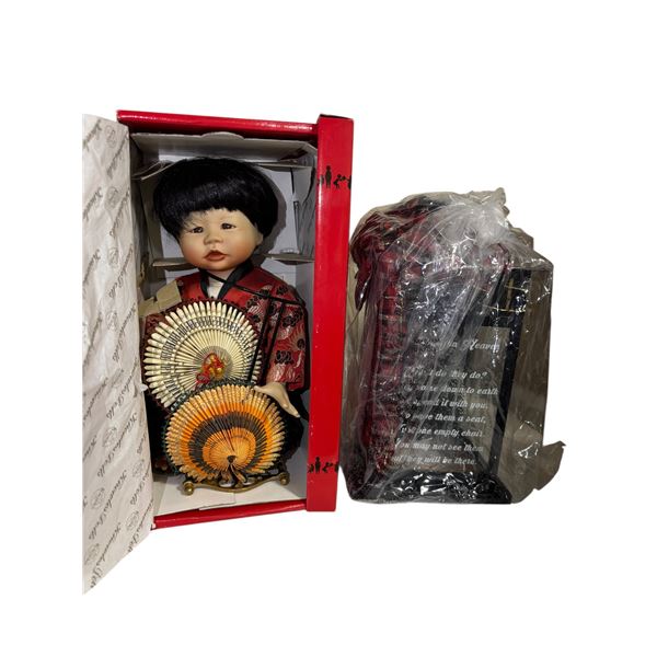 Porcelain Asian Doll in Silk Kimono in Case
