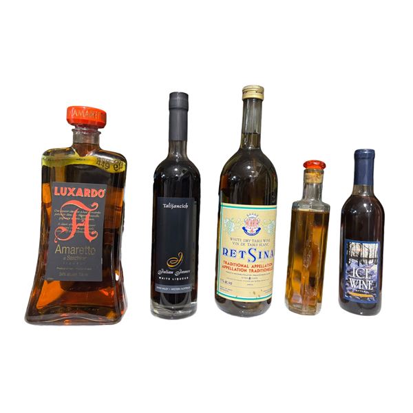 Luxardo Amaretto, Achaia Clauss Retsina, Julian James White Liqueur, Ice Wine Style & Unlabeled Bott
