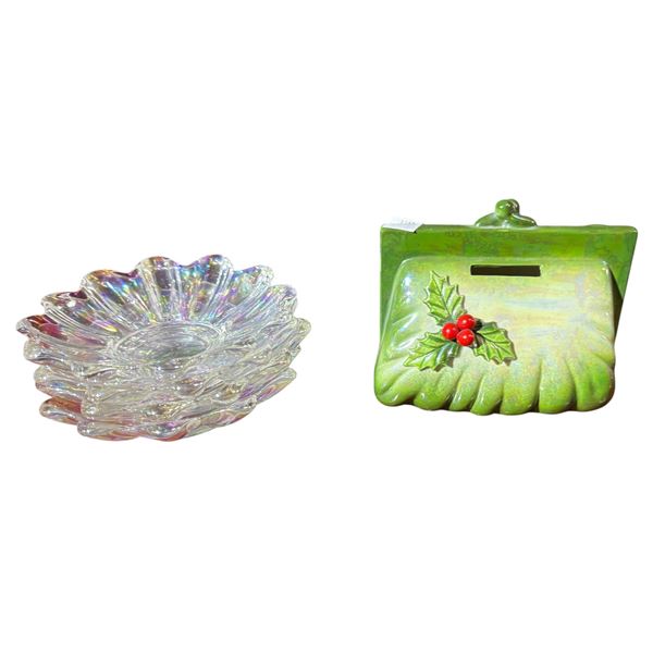 Iridescent Glassware Set & Decorative Christmas Coin Bank
