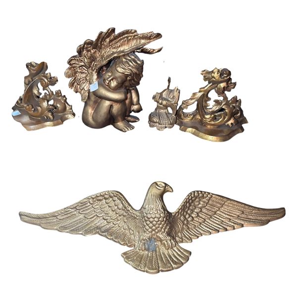 5 Gold-tone Wall Decor - Eagle Plaque, Cherub & Wall Brackets