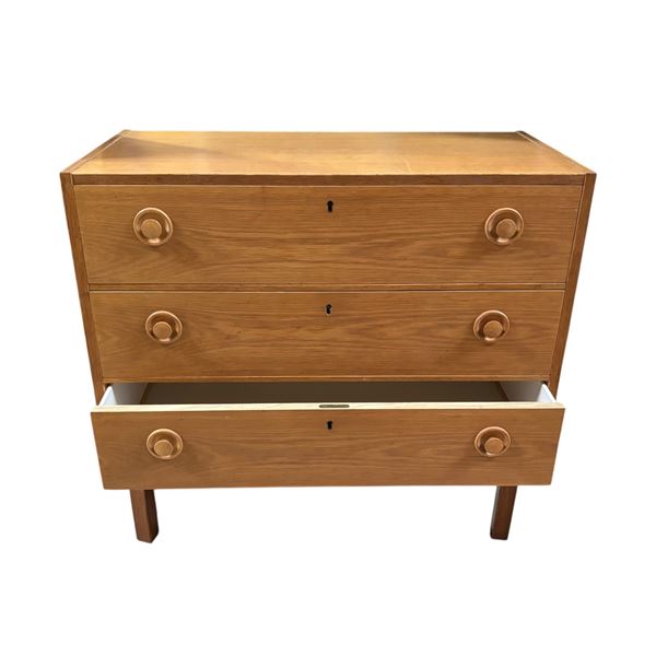 Mid-Century Oak 3-Drawer Chest with Round Pulls, (30x14.5x27.5)
