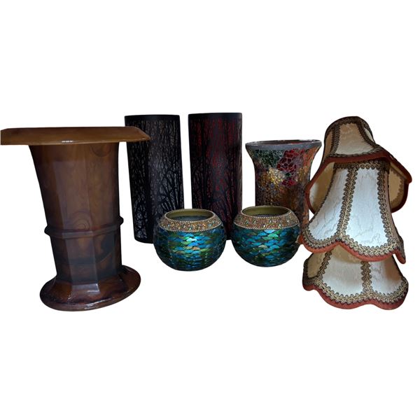 Assorted Decorative Vases, Mosaic Votives & Lamp Shade