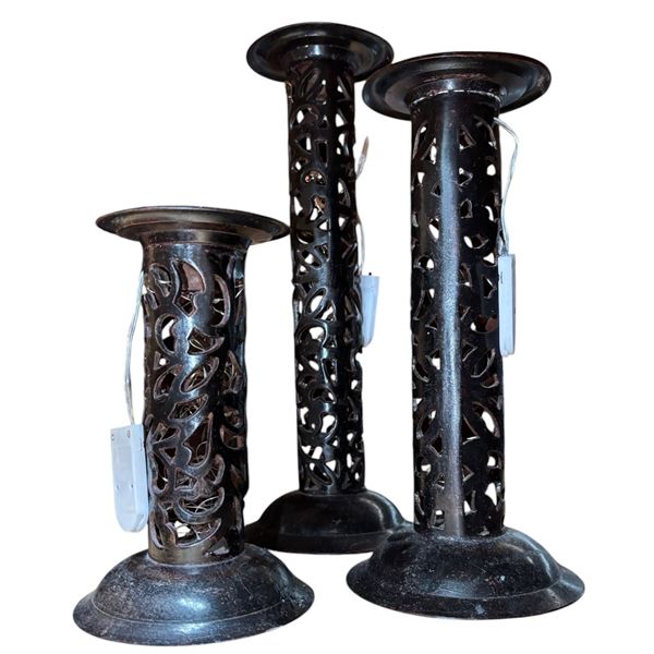 Carved Wood Pillar Candle Holders, Set of 3