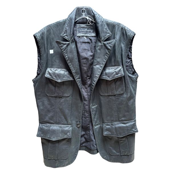 Vintage Men's Black Leather Vest Jacket (Size 48)