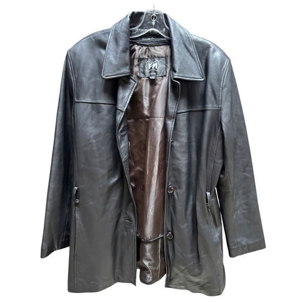 Black Leather Button-Front Mid-Length Coat Jacket (Size M)