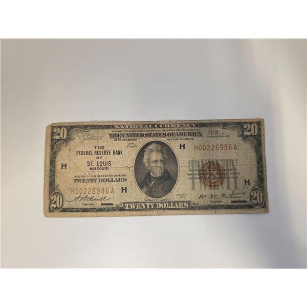 Series 1939 US Red Seal Twenty Dollar "The Federal Reserve of St. Louis" Banknote - Serial# H0022698