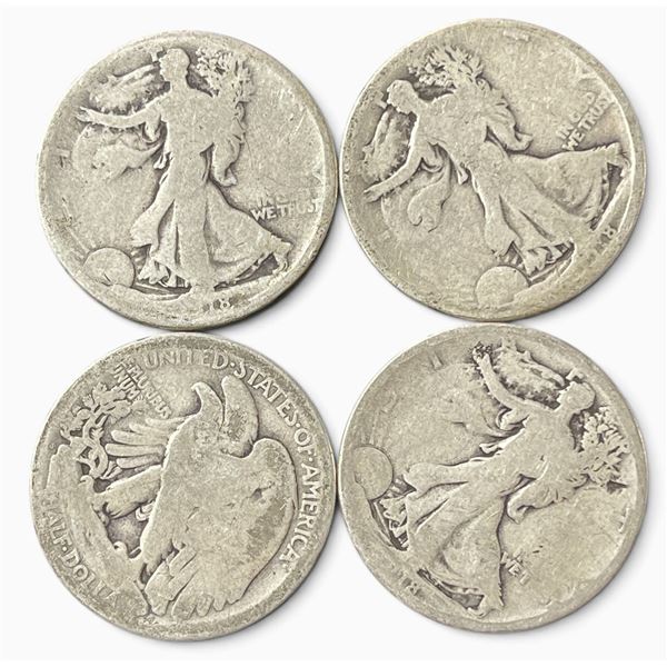 4 US 1918 Walking Liberty Half Dollar Coins - 90% Silver - Circulated (San Francisco & Denver Mint)