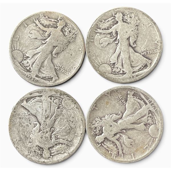 4 US 1918 Walking Liberty Half Dollar Coins - 90% Silver - Circulated (San Francisco, Philadelphia, 