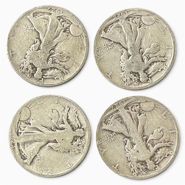 4 US 1920s Walking Liberty Half Dollar Coins - 90% Silver - (2 x 1923 & 2 x 1927) - Circulated (San 