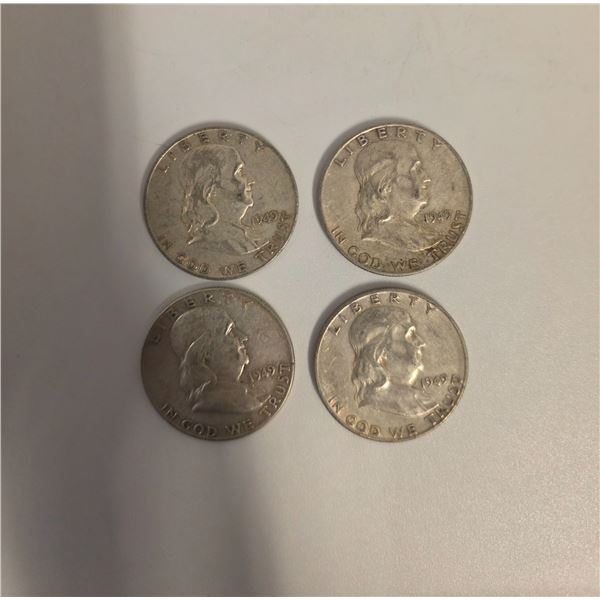 4 US 1949 Franklin Silver Half Dollar Coins - 90% Silver - Circulated