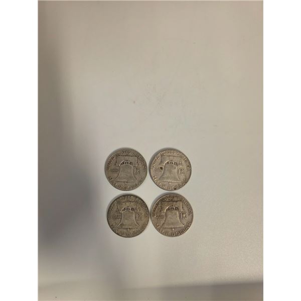 4 US 1950 Franklin Silver Half Dollar Coins - 90% Silver - Circulated