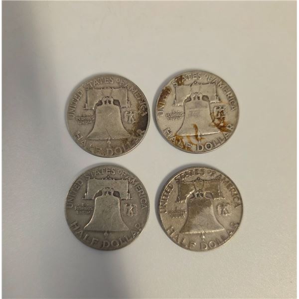 4 US 1950 Franklin Silver Half Dollar Coins - 90% Silver - Circulated