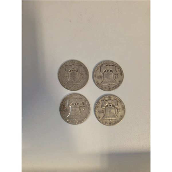 4 US 1951 Franklin Silver Half Dollar Coins - 90% Silver - Circulated
