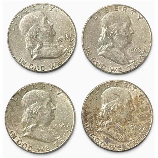 4 US 1963 Franklin Silver Half Dollar Coins - 90% Silver - Circulated