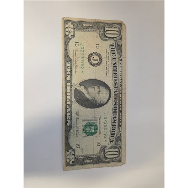 1969-C US Ten Dollar Green Seal (Star) Banknote - Serial #J02390792*