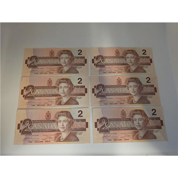 6 Canadian 1986 Two Dollar Banknotes * Circulated