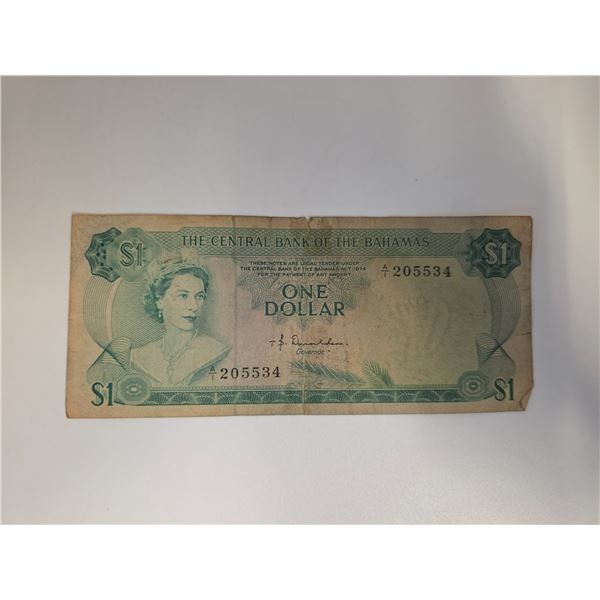 1974 Central Bank of Bahamans One Dollar Banknote * Circulated