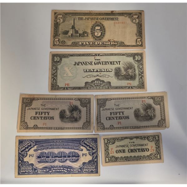 Group of 6 Japanese Government WWII Fiat Currency for Occupied Philippines * Circulated