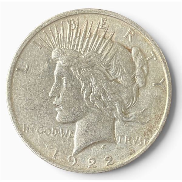 1922 US Peace Silver Dollar Coin - 90% Silver - Denver Mint - Circulated