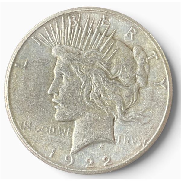 1922 US Peace Silver Dollar Coin - 90% Silver -  San Francisco Mint - Circulated