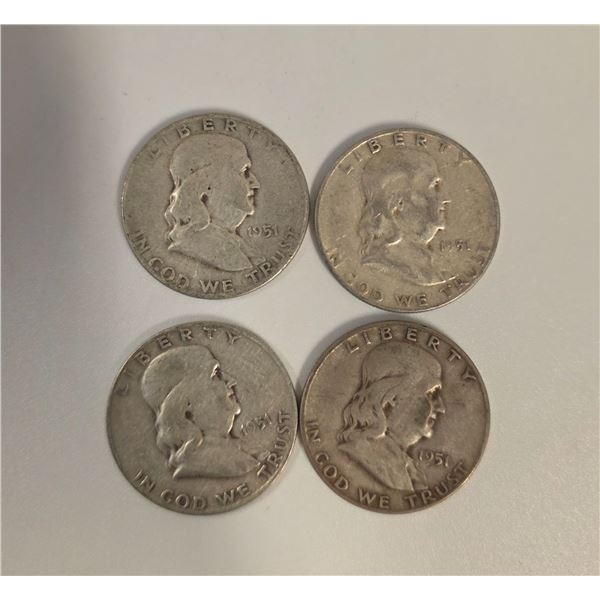 4 US 1951 Franklin Silver Half Dollar Coins - 90% Silver - Circulated