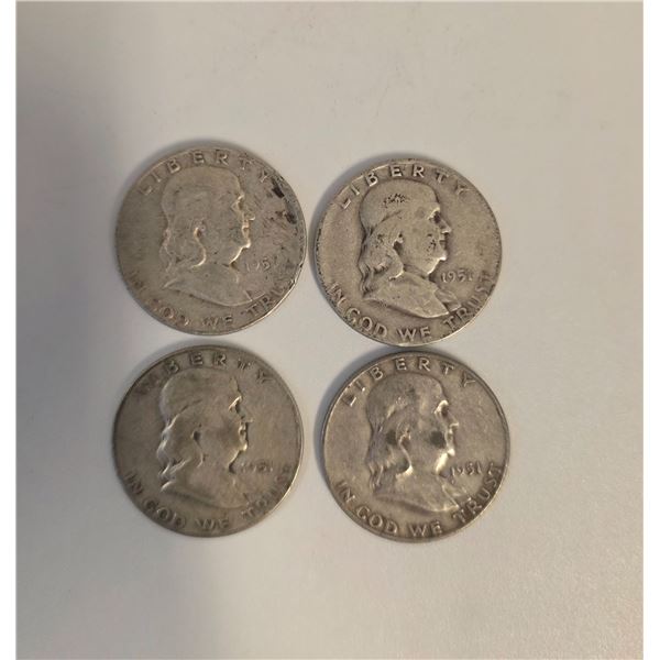 4 US 1951 Franklin Silver Half Dollar Coins - 90% Silver - Circulated