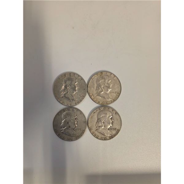 4 US 1952 Franklin Silver Half Dollar Coins - 90% Silver - Circulated