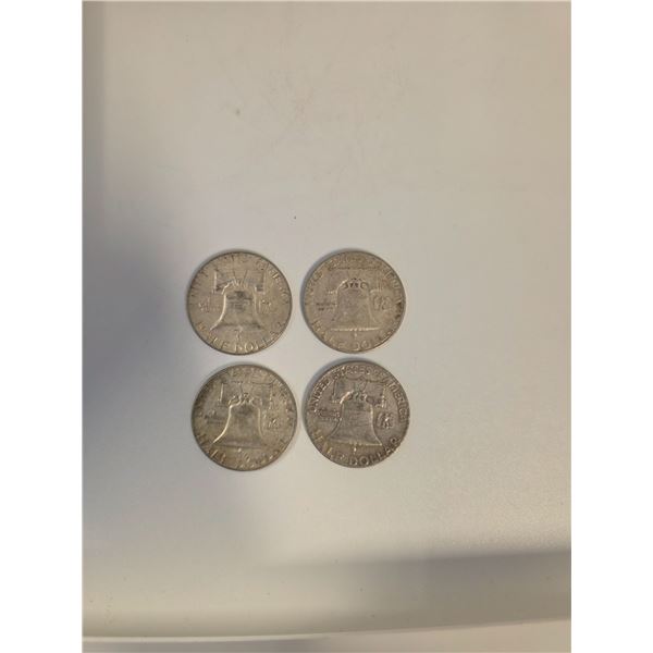 4 US 1954 Franklin Silver Half Dollar Coins - 90% Silver - Circulated