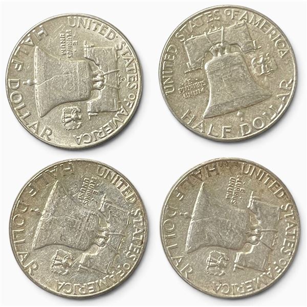 4 US 1963 Franklin Silver Half Dollar Coins - 90% Silver - Circulated