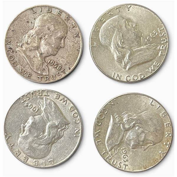 4 US Franklin Silver Half Dollar Coins - 90% Silver - (1 x 1958 & 3 x 1963) Circulated