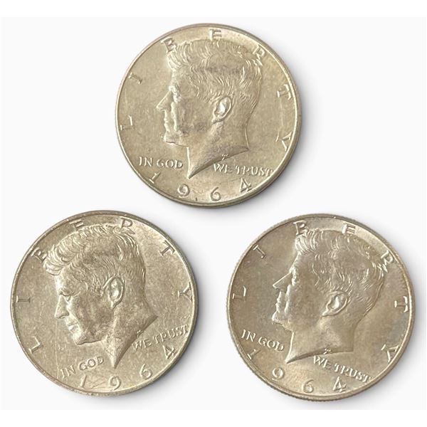 3 US 1964 Kennedy Silver Half Dollar Coins - 90% Silver - Circulated