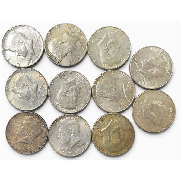 11 US 1960s Kennedy Silver Half Dollar Coins - 40% Silver (1965 - 1969) Circulated