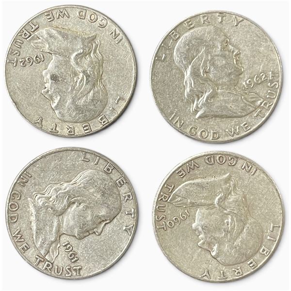 4 US 1960s Franklin Silver Half Dollar Coins - 90% Silver (1 x 1960, 1 x 1961, & 2 x 1962) - Circula