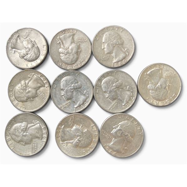 10 US 1964 Silver Quarters - 90% Silver - Last Year of the US Silver 25Â¢ - Circulated