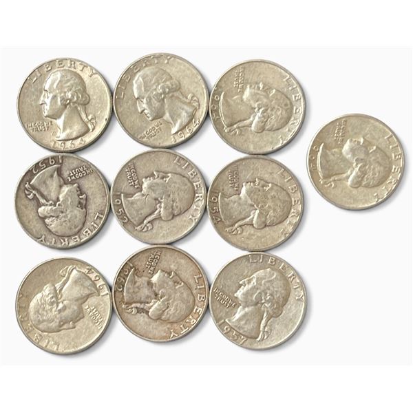 10 US Silver Quarters from the 1950s & 1960s - 90% Silver - Circulated