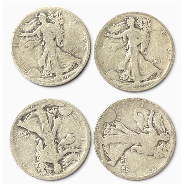 4 US 1917 & 1919 Walking Liberty Half Dollar Coins - 90% Silver - Circulated (San Francisco, Philade
