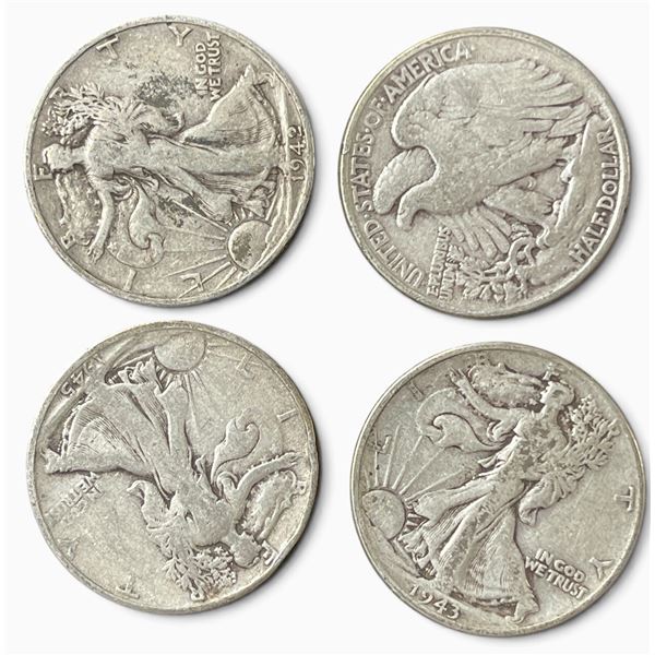 4 US 1940s Walking Liberty Half Dollar Coins - 90% Silver - (1942, 43, & 2 x 1945) - Circulated (San