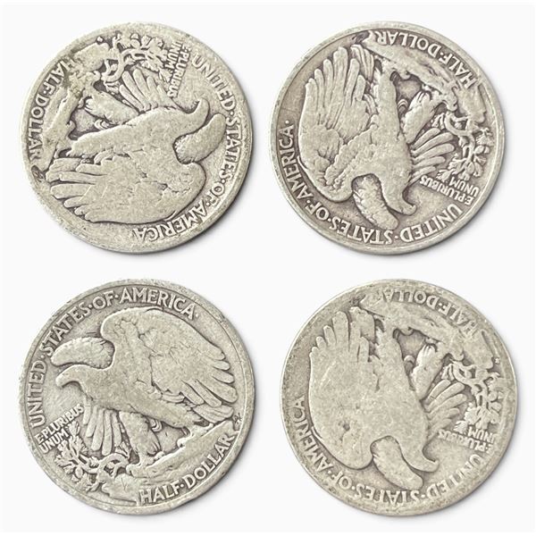 4 US Walking Liberty Half Dollar Coins - 90% Silver - (1928, 29, 35, & 39) - Circulated (San Francis