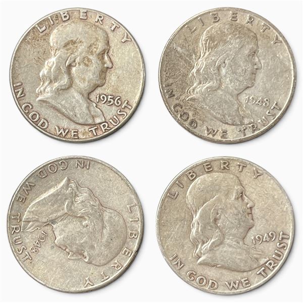 4 US Franklin Silver Half Dollar Coins - 90% Silver - Circulated  (2 x 1949, 1 x 1949 & 1 x 1956)