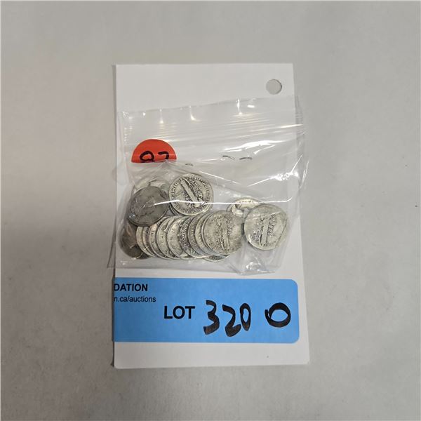30 US Silver "Mercury" Dimes - 90% Silver - 1945 and Earlier * Circulated
